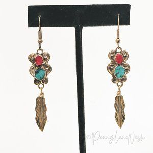 Vintage Red & Turquoise Bead w/ Feather Swirls Dangle Earrings